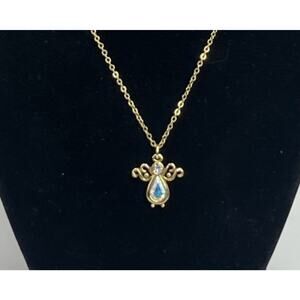 Gold Tone Angel Pendant Necklace AB Teardrop Crystal Dainty Guardian Celestial